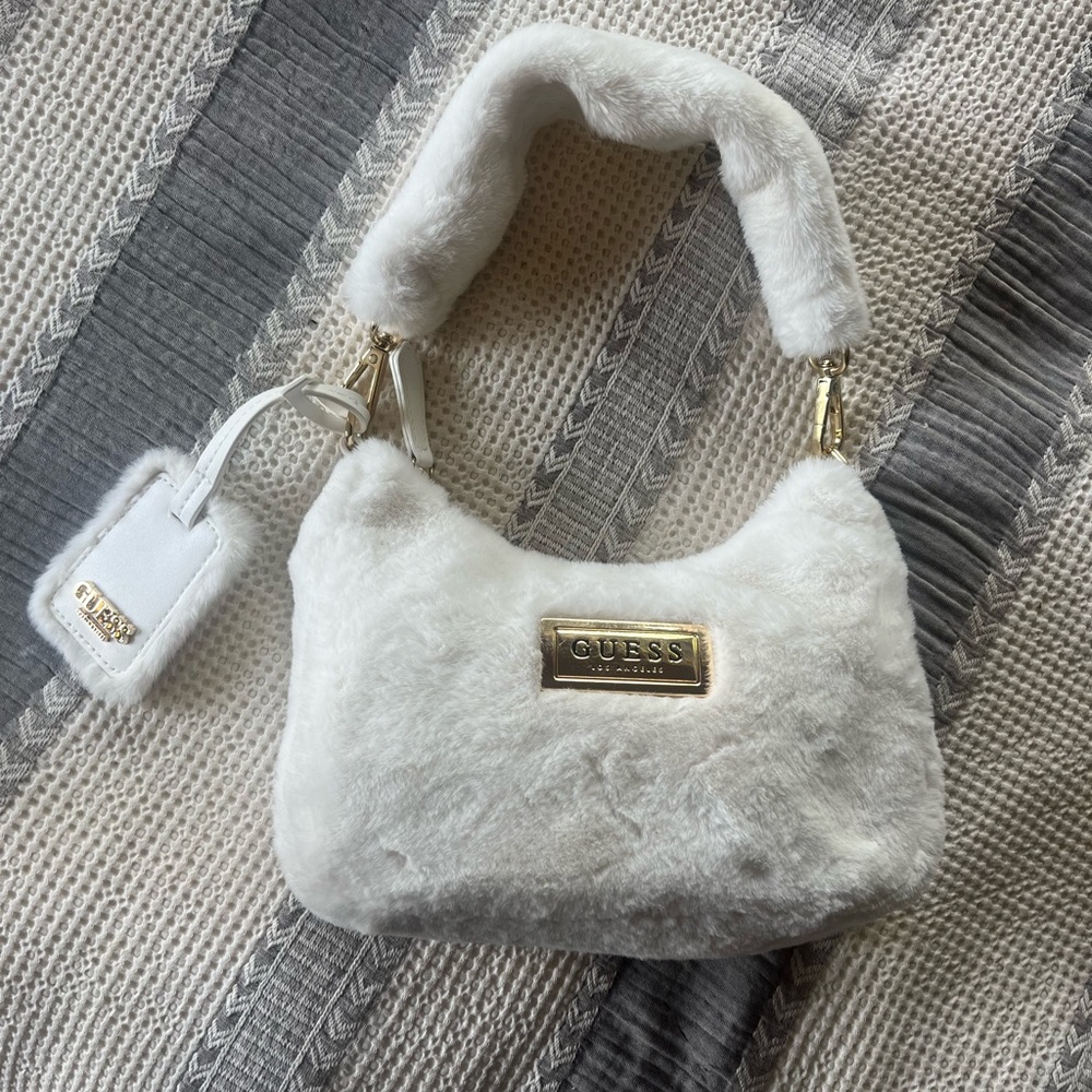Guess White Plush Shoulder Bag with Gold Accents